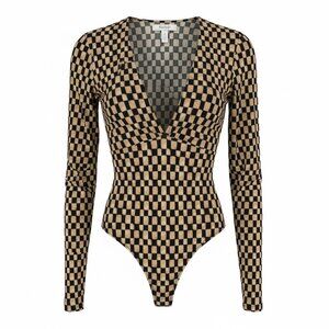 Abercrombie & Fitch Geo Print Long Sleeve Bodysuit XS V Neck Stretch